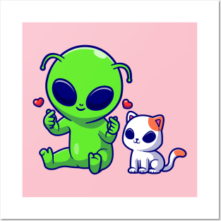 Cute Alien With Cute Cat Alien Cartoon Posters and Art
